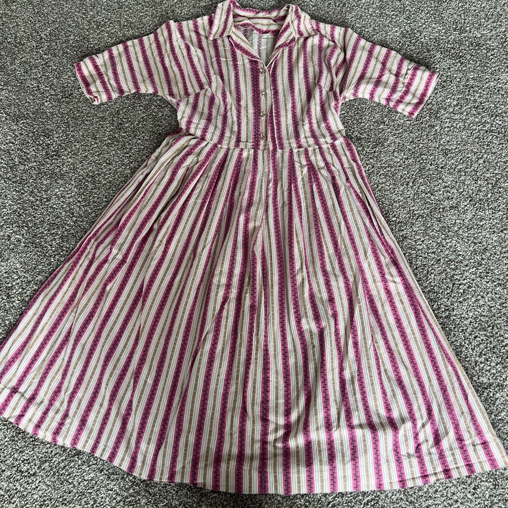 Striped Pink and White Midi Shirt Dress - True Vintage 50s 60s